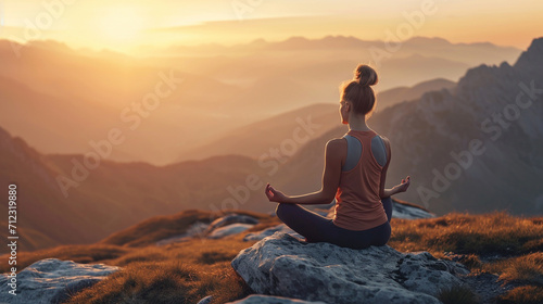 a girl meditates in the lotus position in the mountains. yoga is a healthy lifestyle