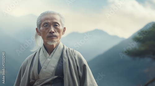 Asian wise old man in the mountains. Neural network AI generated art photo