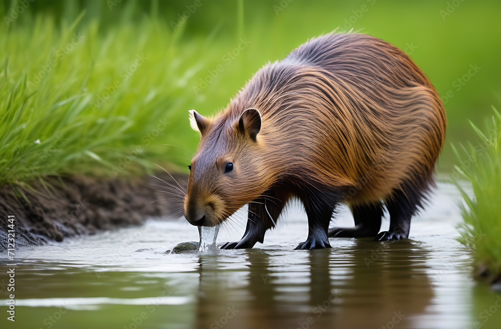 capybara drinks in its natural environment living on the water against a background of grass capybara drinks in its natural environment living on the water against a background of grass
