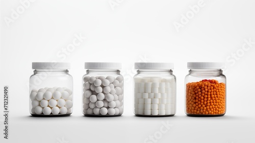 Medicine containers with various ingredients in them on a white background