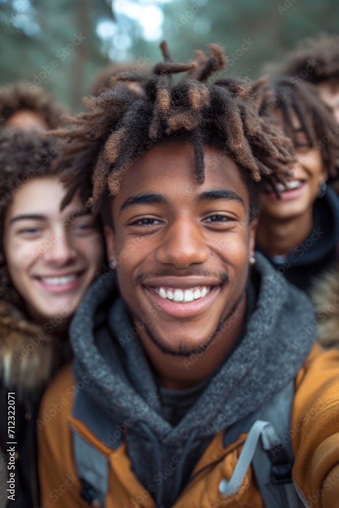 Naklejka premium A reusable young group of happy people takes a selfie photo on a camera outside