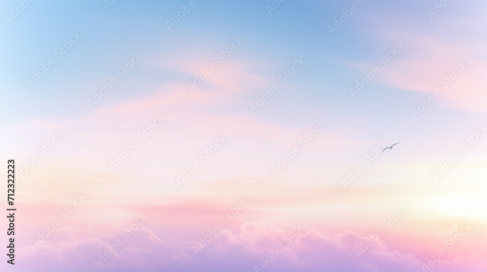 Serene tender sky graced with gentle gradient from warm pink to cool blue, signifying either dawn or dusk. Sparse bird offer sense of calm freedom, reflecting still beauty and passage of time