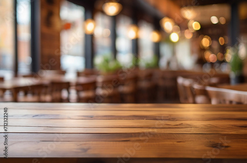 Wooden table blurred background of the restaurant of cafe with bokeh. Ai generative © Shavinda