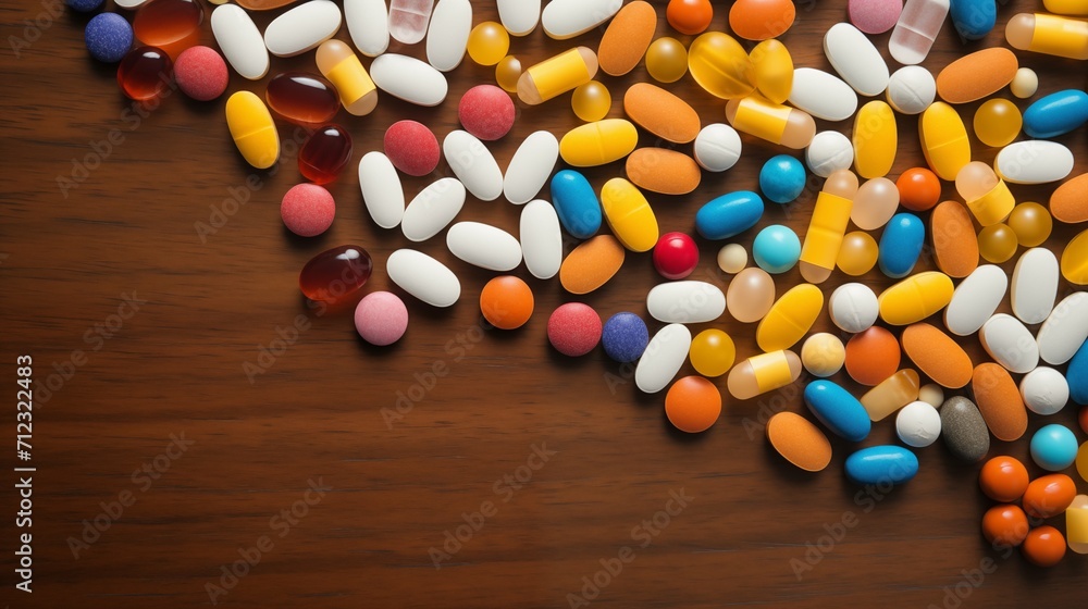 Colorful Pills and Tablets on dark brown table, placed on the top of the picture