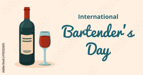 International Bartenders Day background. Bottle of wine and wineglass.