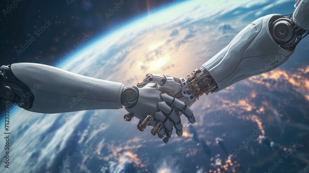 Obraz premium A transcendental moment when two AI robots exchange a cosmic handshake.
