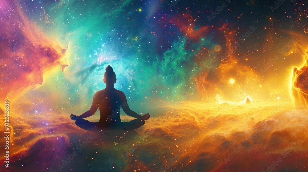 Meditation and the 4th dimension with a vibrant illustration set against a colorful space background. Meditation and the 4th dimension with a vibrant illustration set against a colorful space background.