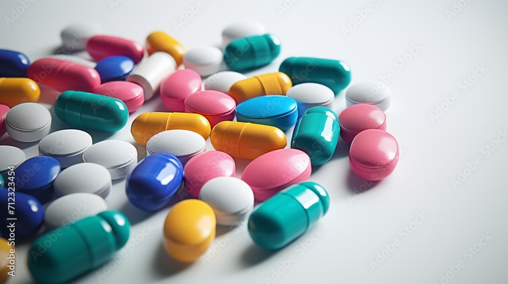 Close-up of multiple colorful pills and tablets on a white background Close-up of multiple colorful pills and tablets on a white background