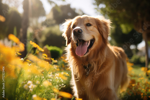 Happy Golden Retriever Puppy Sitting in a Green Grass Meadow, Enjoying the Sunny Summer Day