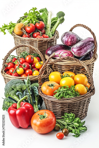 Assorted organic vegetables and fruits in wicker basket isolated on white background