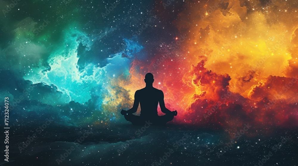 Meditation and the 4th dimension with a vibrant illustration set against a colorful space background. Meditation and the 4th dimension with a vibrant illustration set against a colorful space background.