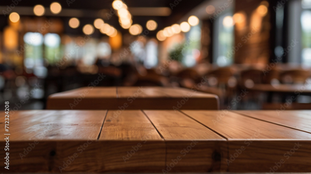 Wooden table blurred background of the restaurant of cafe with bokeh. Ai generative
