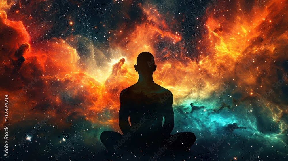 Meditation and the 4th dimension with a vibrant illustration set against a colorful space background. Meditation and the 4th dimension with a vibrant illustration set against a colorful space background.