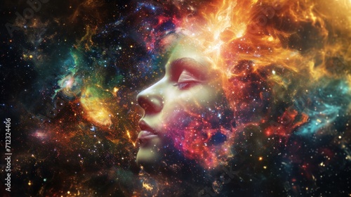 Awakening of the Goddess in the style of cosmic abstract art, which takes place in the vastness of the universe. A woman's face against the background of cosmic reality. photo