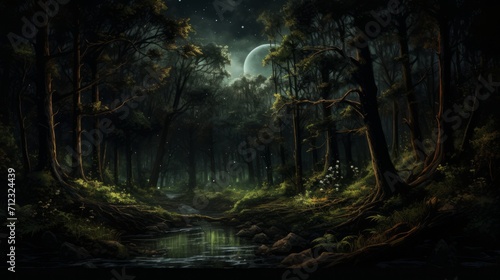 dark mysterious forest panorama  fantasy landscape. Neural network AI generated art