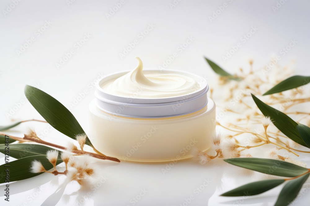 Close up visuals of a white jar with facial cream, decorated with herbal flowers, emphasizing the beauty and natural elements of skincare products Close up visuals of a white jar with facial cream, decorated with herbal flowers, emphasizing the beauty and natural elements of skincare products