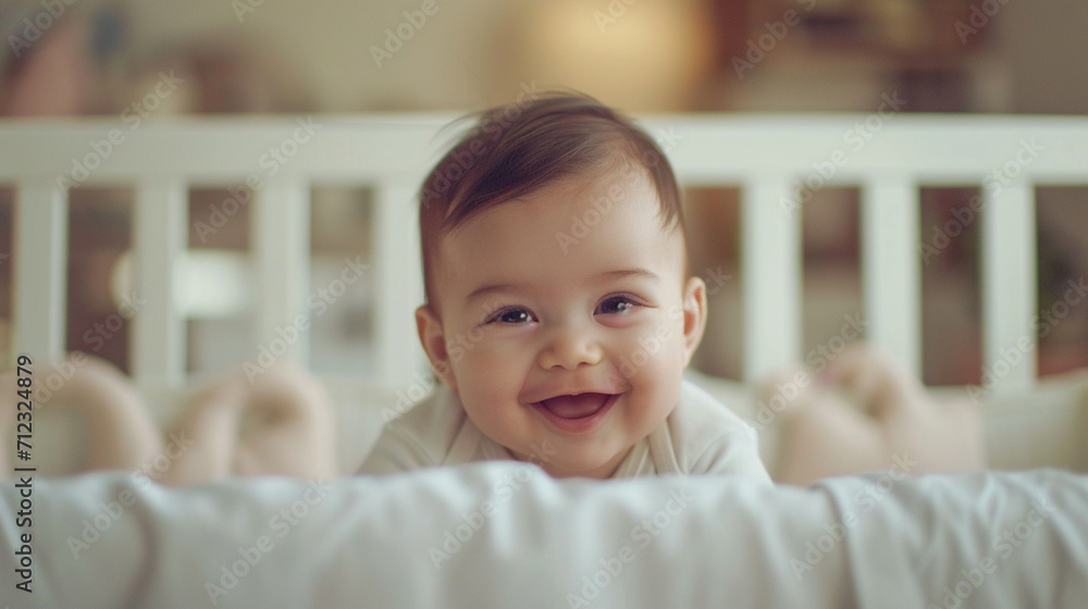 happy baby in a crib close-up