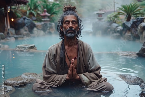 A man sitting in the water practicing yoga   enjoying meditation