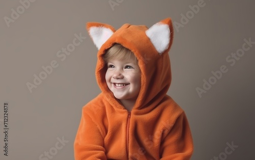 child in a fox costume with a tail, smiling, on a light background, space for text 