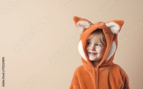 child in a fox costume with a tail, smiling, on a light background, space for text 