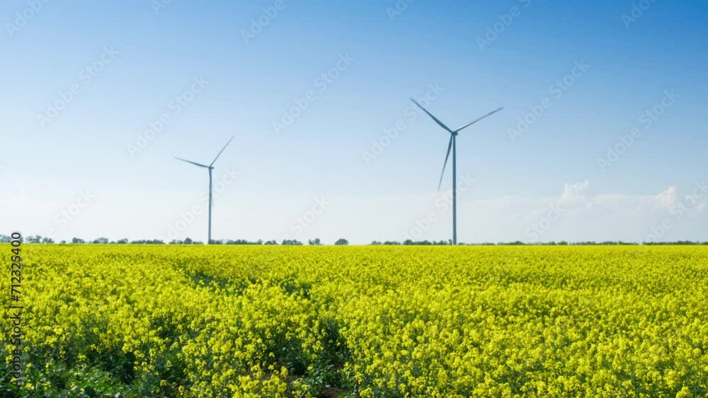Rural Landscape With Wind Turbines in Flowering Colza Field. Time Lapse Footage. Huge Generators Of Renewable Wind Energy For Electric Production. Wind Mill Rural Landscape With Wind Turbines in Flowering Colza Field. Time Lapse Footage. Huge Generators Of Renewable Wind Energy For Electric Production. Wind Mill