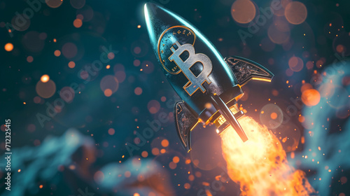 bitcoin rocket flies to the mountain. the concept of cryptocurrency appreciation photo