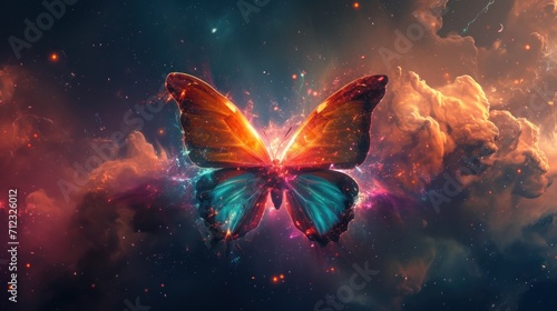 Ethereal beauty of an abstract butterfly concept set against a backdrop of nebula dust in infinite space. 