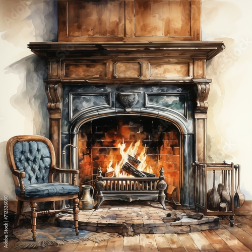 Fireplace in watercolor style. AI generate illustration