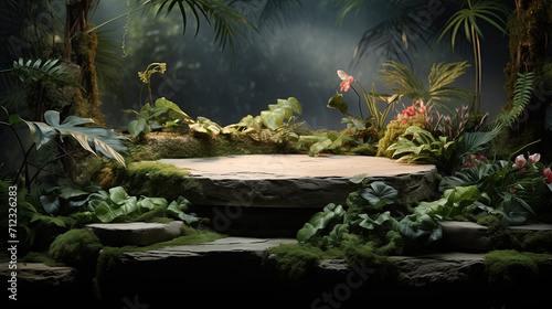 Product presentation with a rock podium set amidst a lush tropical forest and flower  enhanced by a vibrant green backdrop. 