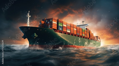 A massive cargo ship braves turbulent waters, its containers stacked high against a backdrop of a fiery sunset and stormy skies.