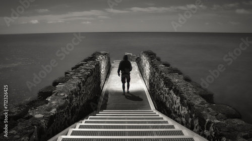 fotografía nocturna en blanco y negro del muelle viejo de Arinaga, Gran Canaria, España photo