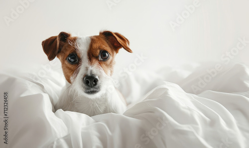 Tiny Jack Russel terrier puppy on the white bed close up. Dog pet © Sattawat