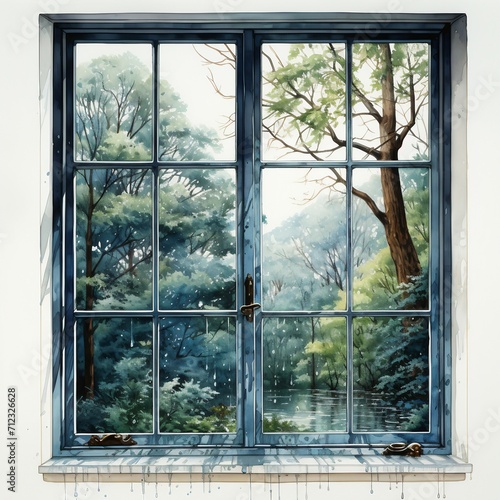 Rainy day window. A watercolor window with raindrop. AI generate illustration