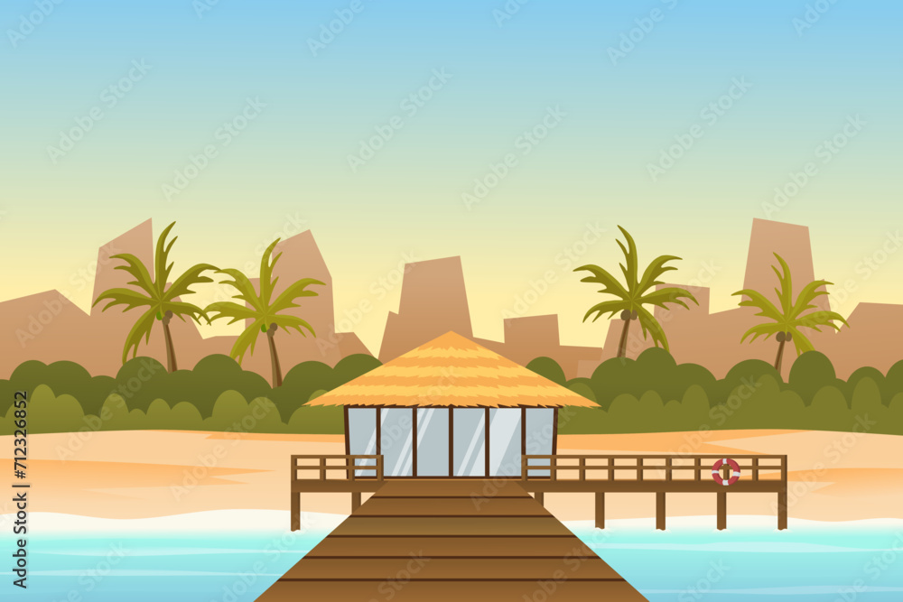 Beach hut or bungalow on tropical island resort. Vector illustration.