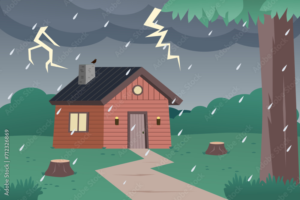 Wooden house in the forest in rainy weather. Rain and storm. Vector illustration. Wooden house in the forest in rainy weather. Rain and storm. Vector illustration.