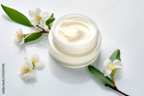 Cosmetic skincare: herbal decorated facial cream, promoting natural beauty
