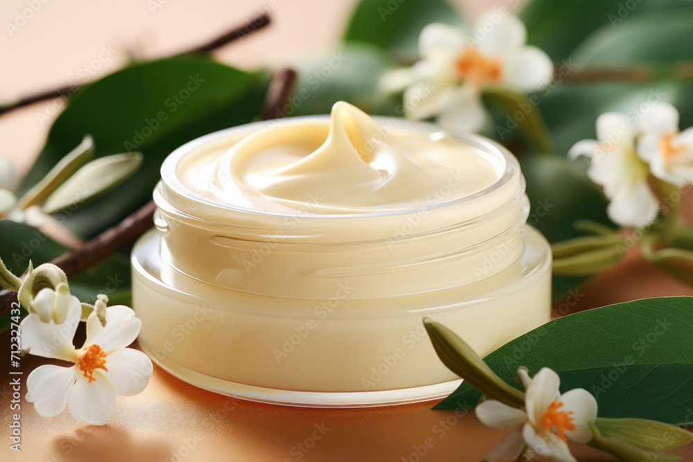 Mockup presenting a cosmetic jar and herbal flowers, capturing the beauty, skincare, and natural aspects of facial cosmetic products Mockup presenting a cosmetic jar and herbal flowers, capturing the beauty, skincare, and natural aspects of facial cosmetic products