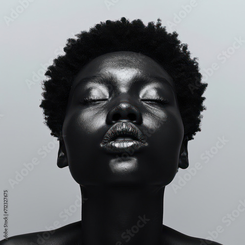 Beauty Portrait  Woman with Black Skin  Fashionable and Creative  Posing in a Dark Studio with Afro Hair and Artistic Make-Up on a Colorful Background