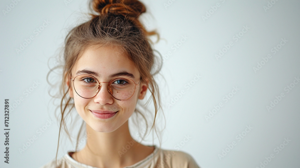 a girl in glasses on a white background close-up a girl in glasses on a white background close-up