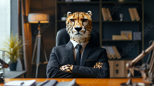 a tiger in a suit in the office. concept director with tiger character photo