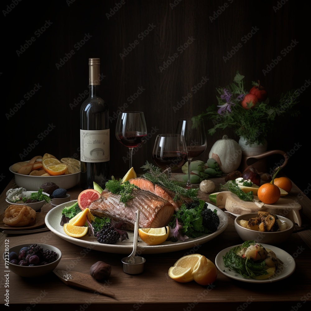 A table topped with plates of food and a bottle of wine
