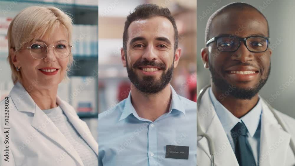 Split Screen Collage of Three Portraits of Diverse Medical Professionals Looking at the Camera. Medicine: Multiethnic Professional Physicians, Doctors, Pharmacy Workers Smile. Vertical Multi Montage Split Screen Collage of Three Portraits of Diverse Medical Professionals Looking at the Camera. Medicine: Multiethnic Professional Physicians, Doctors, Pharmacy Workers Smile. Vertical Multi Montage