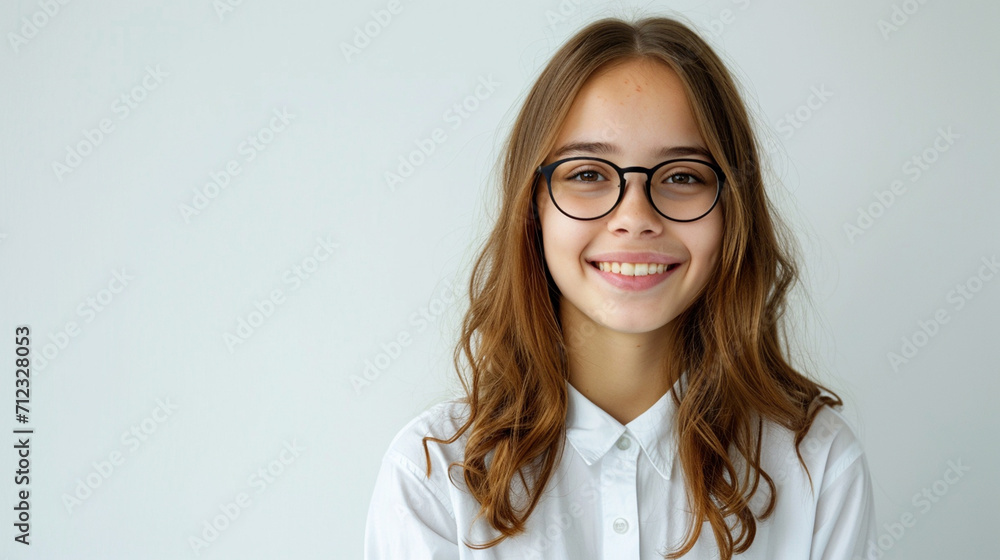 a girl in glasses on a white background close-up a girl in glasses on a white background close-up