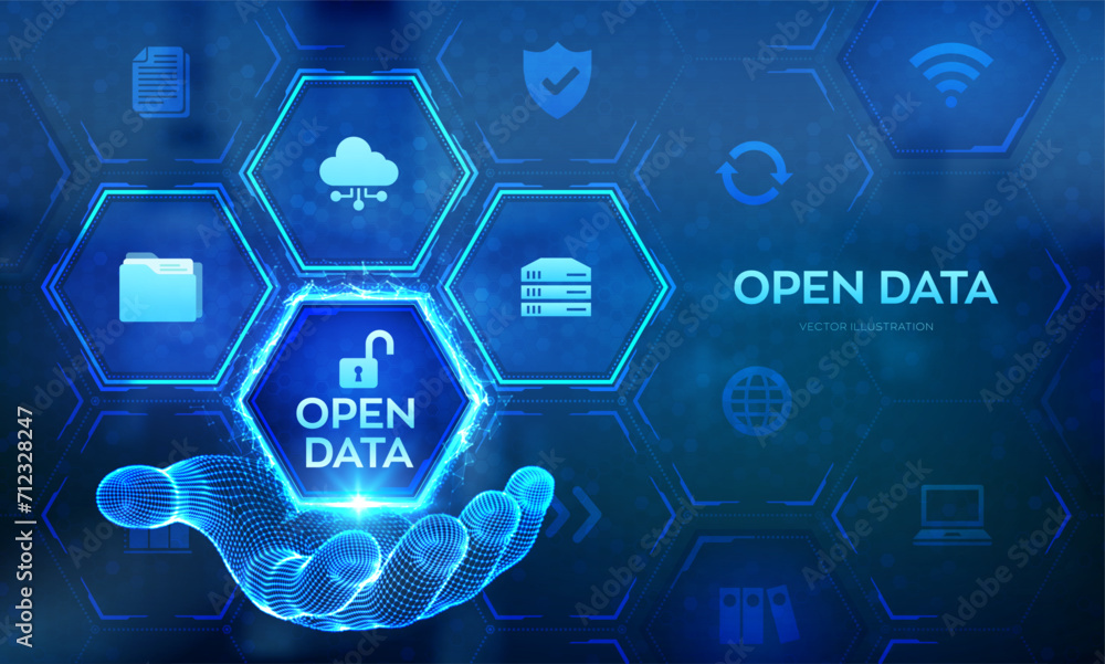 Fototapeta premium Open data database icon in wireframe hand. Digital file storage system software. Online documentation database technology concept. DMS. Integration API. Vector illustration.