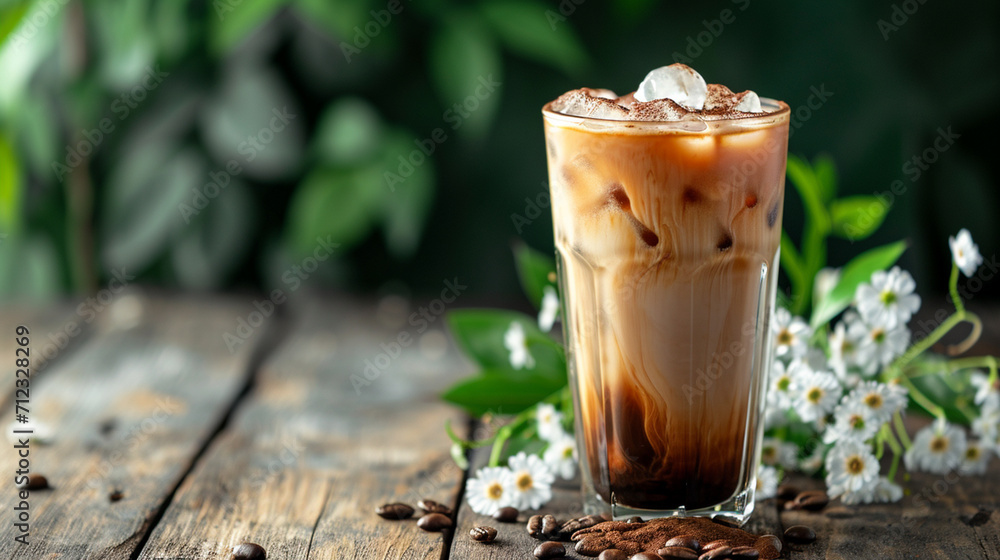 a glass of cold delicious coffee, against the background of nature a glass of cold delicious coffee, against the background of nature