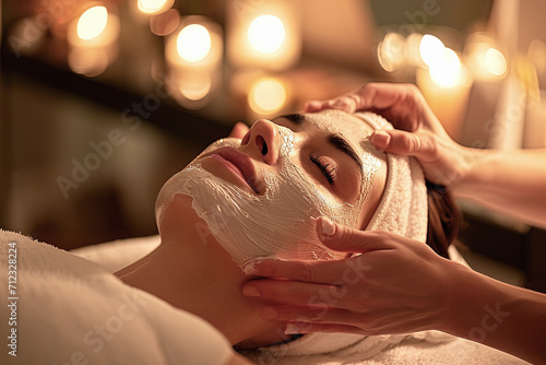 mujer joven tumbada y relajada llevando una mascarilla facial y  recibiendo un tratamiento de belleza en su cara mediante un masaje de manos  en sal  n de masaje decorado con velas encendidas