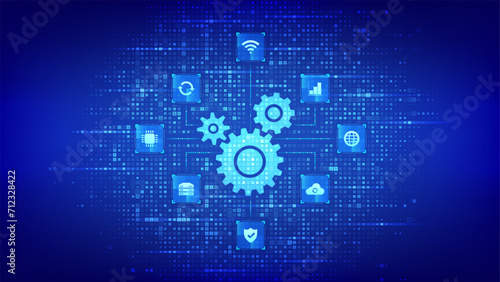 Automation Software. Gears icon made with binary code. IOT and Automation icons connections. Digital binary data and streaming digital code. Matrix background with digits 1.0. Vector Illustration.