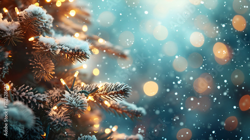  Christmas winter blurred background. Xmas tree with snowflakes. Generative AI. 