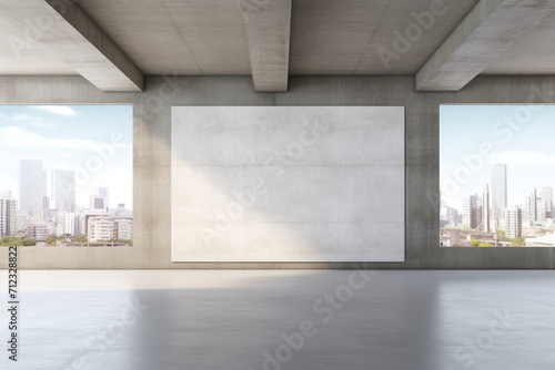 Clean exhibition hall interior with empty mock up place on wall, panoramic window and city view