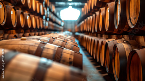 Oak Wine barrels stacked in cellar, winery and brewery scene. 